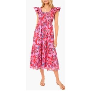 Tuckernuck Smocked Pink and Red Floral Bougainvillea Midi Dress